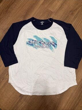 Mariners Baseball Raglan Tee - White and Navy 90s Jazz Paper Cup Design Size 2XL